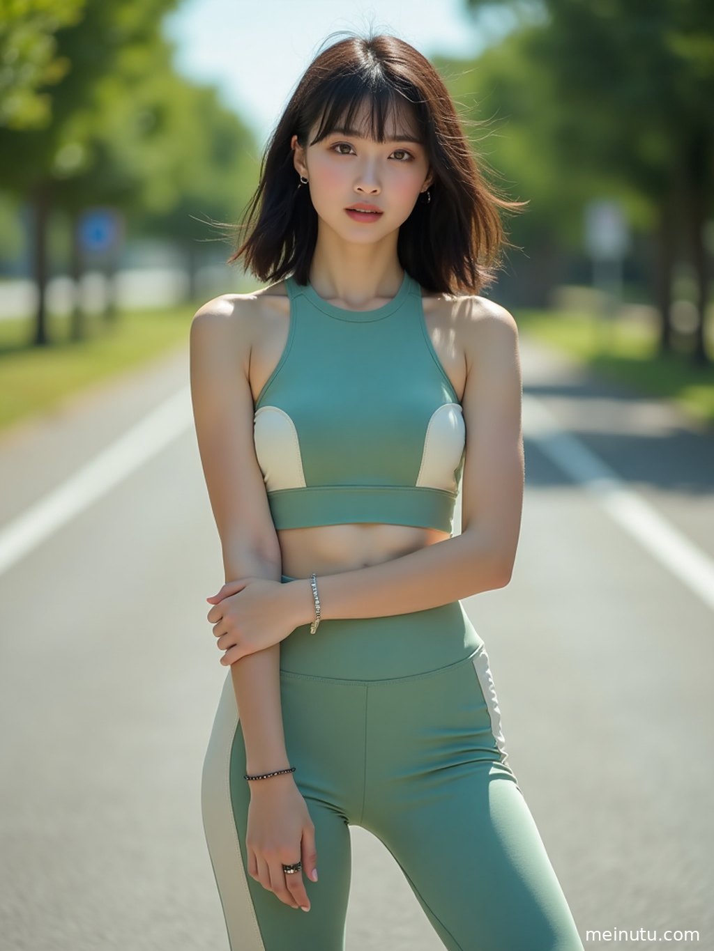 阴天漫射光下的宁静健身场景，白色瑜伽服更显纯净与活力。