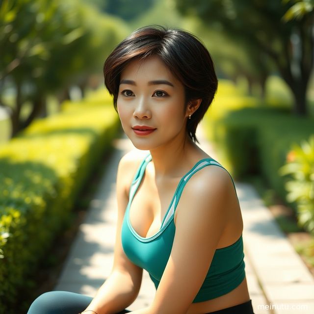 身着长袖瑜伽服的成年女子在黄昏暖色侧光下舒展身体，全身构图。