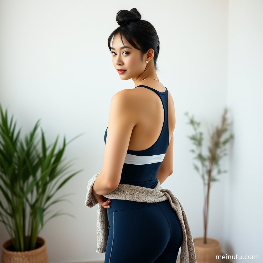 一位身着大码瑜伽服的成年女性，在洒满阳光的窗边舒展身体，光影勾勒出迷人曲线。