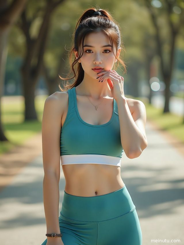 年轻成年女性身着新款瑜伽服，在海边柔和逆光下舒展身体。