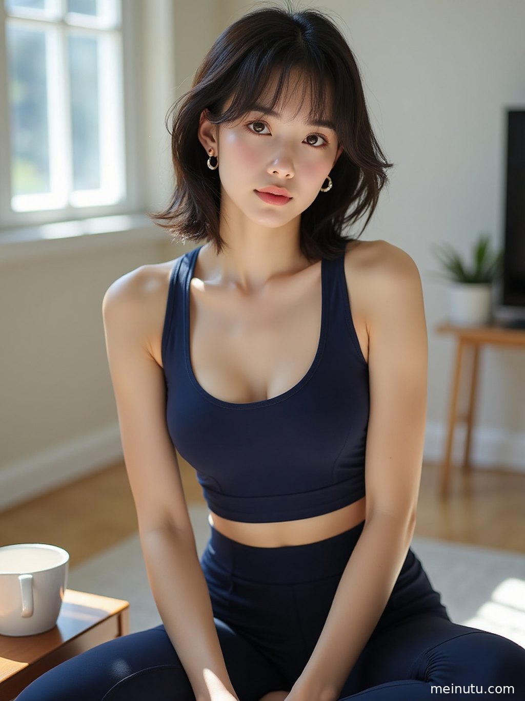 特写镜头下，瑜伽服的材质与面料在花园光线下呈现出细腻质感。
