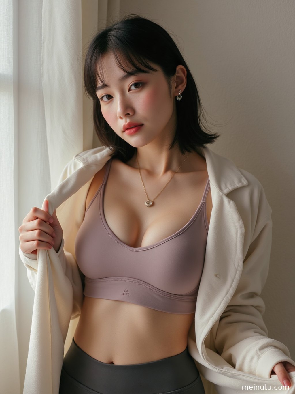 一位年轻成年女子在花园一角，利用瑜伽服进行日常防晒，姿态优雅。