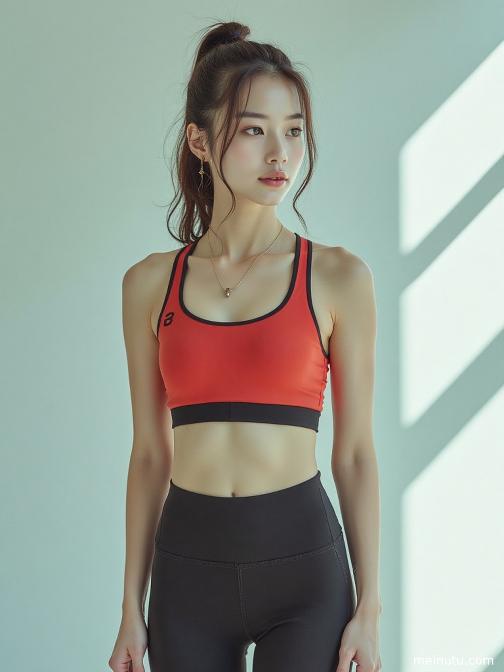 Full-body composition close-ups reveal the perfect proportions and confident expression of the yoga-clad woman.