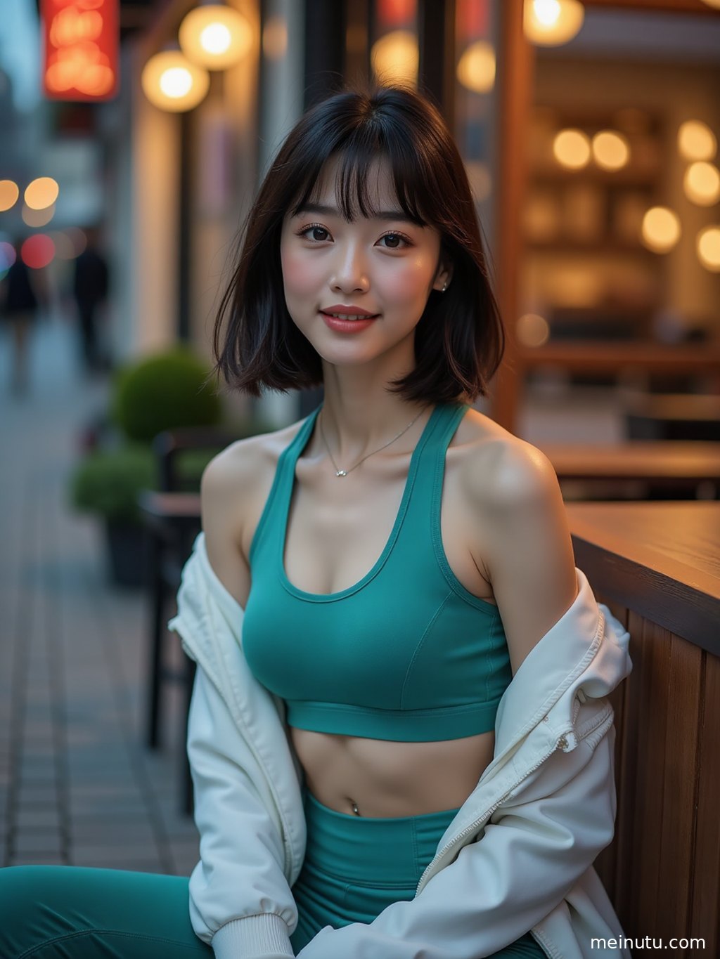 庭院中，一位成年女子沐浴在温暖的自然光下，展示新款瑜伽服的优雅设计与舒适感。