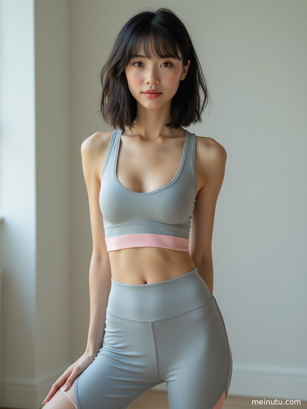 低角度捕捉，新款瑜伽服贴合身形，成年女子在庭院绿植间展现健康之美。
