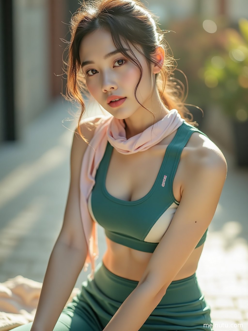 年轻成年女性身着瑜伽运动服，在复古走廊中舒展身体，光影勾勒出健康线条。