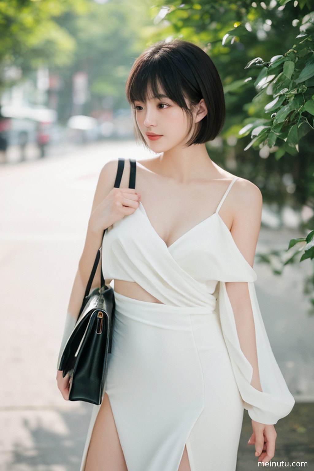 户外写真特写，年轻成年女子倚靠窗框，光影在她脸上留下迷人痕迹。