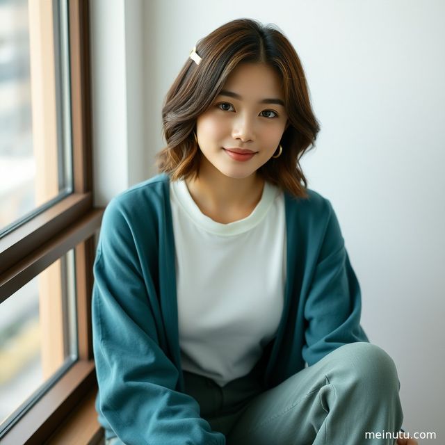一位成年女子在晨光中回眸，眼神宁静而深邃。