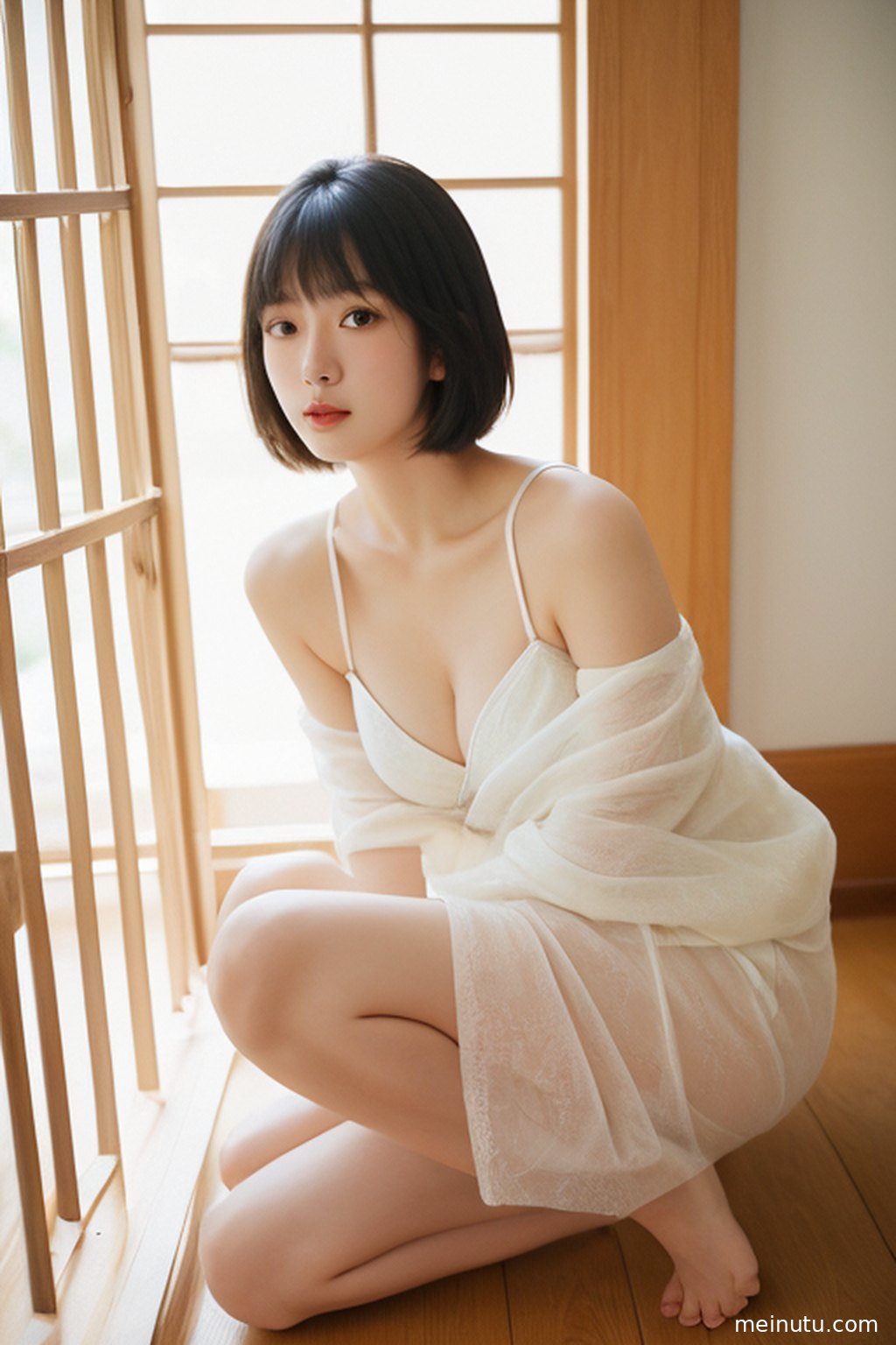 走廊尽头的光线穿过窗户，照亮了成年女子的侧脸，轮廓清晰，气质动人。