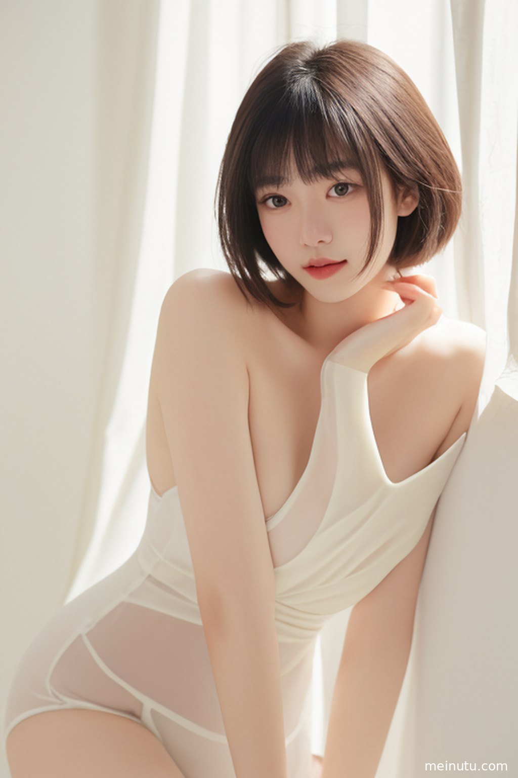 一位气质优雅的成年女子在复古走廊中回眸，清透的光感勾勒出迷人的身姿。