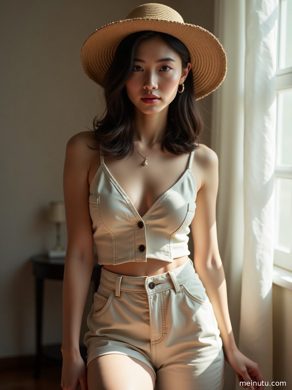 一位年轻成年女性在庭院浴室中，沐浴在柔和的逆光下，展现迷人身姿。