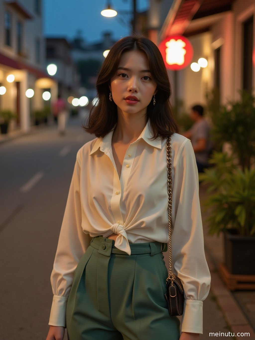 庭院中的浴室，光影斑驳，清新感与成年女性的自然魅力交织。