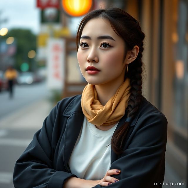 一位气质美女在黄昏时分，侧身沐浴在温暖的侧光下，展现出迷人的侧颜。