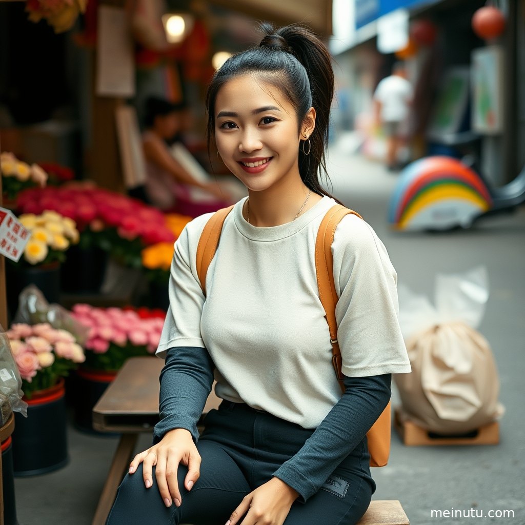 一位身着素雅服装的成年女性，在黄昏的阴天光线下，于户外静静站立，展现迷人侧颜。