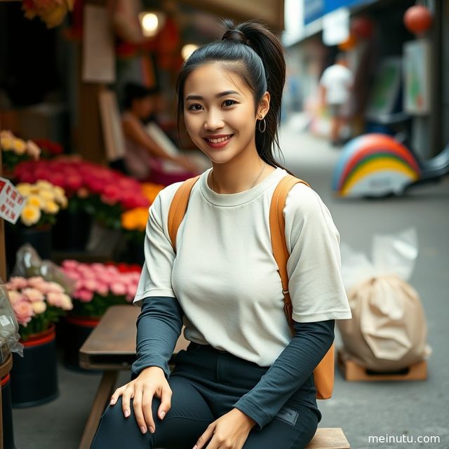 一位身着素雅服装的成年女性，在黄昏的阴天光线下，于户外静静站立，展现迷人侧颜。