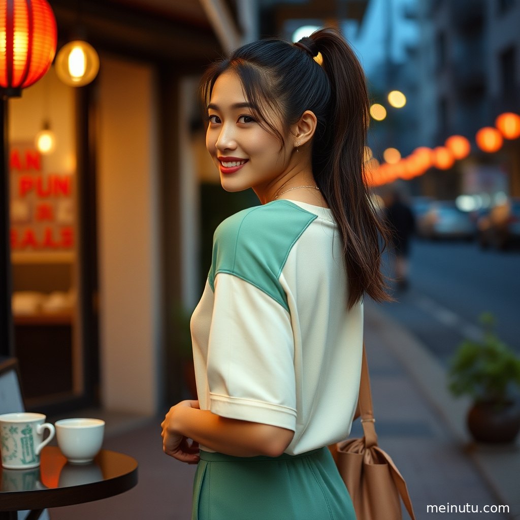 成年女性的全身镜头，背对镜头，望着远方，阴天漫射光线勾勒出柔和的身体轮廓。