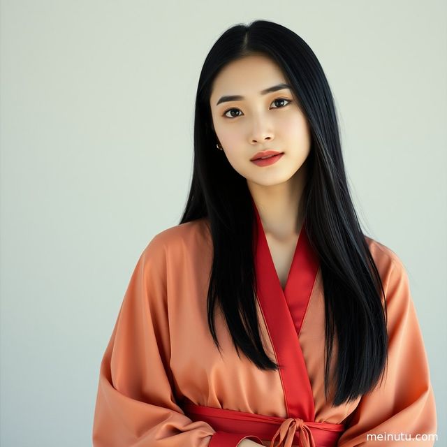 An adult woman in Hanfu stands gracefully in an ancient courtyard, bathed in soft natural light, her half-body portrait exuding elegance.
