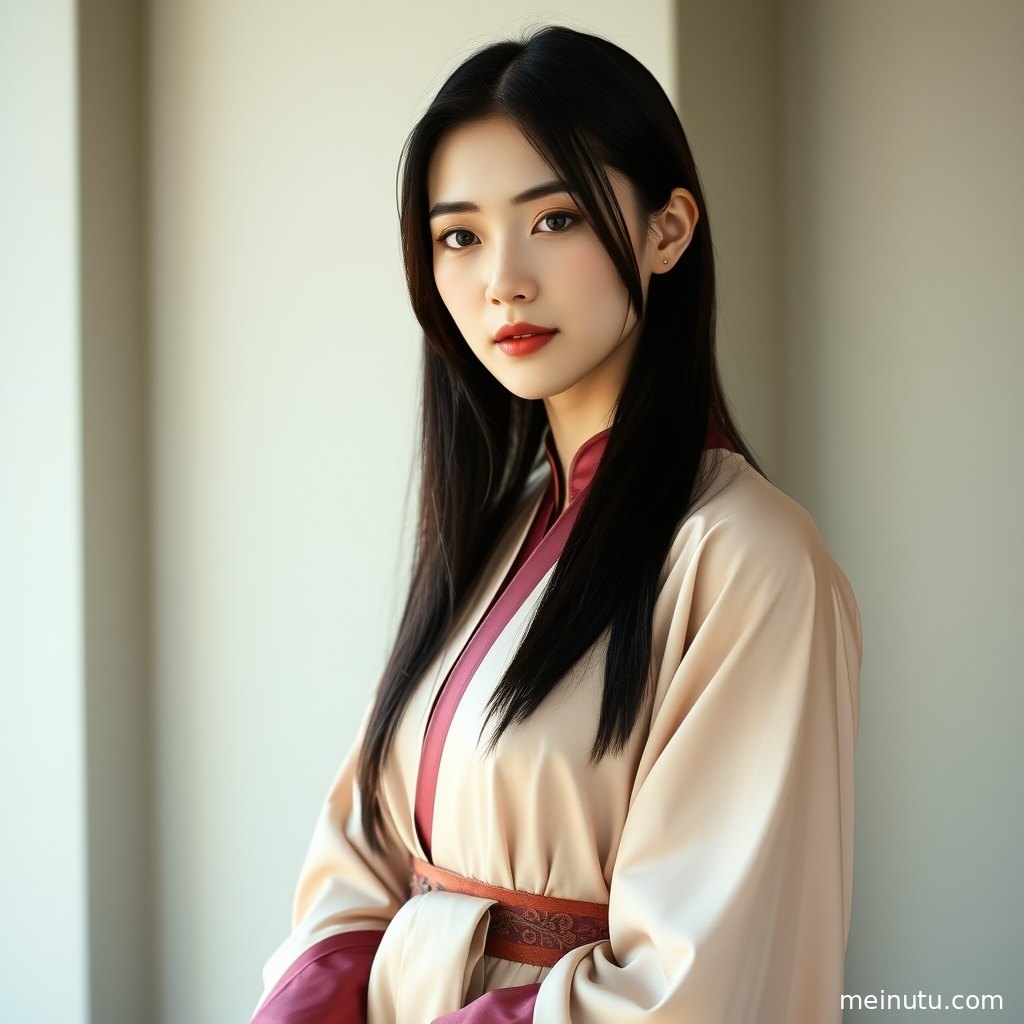 Beside seaside rocks, a Hanfu woman turns her head, natural light sculpting her serene face in a compelling half-body composition.