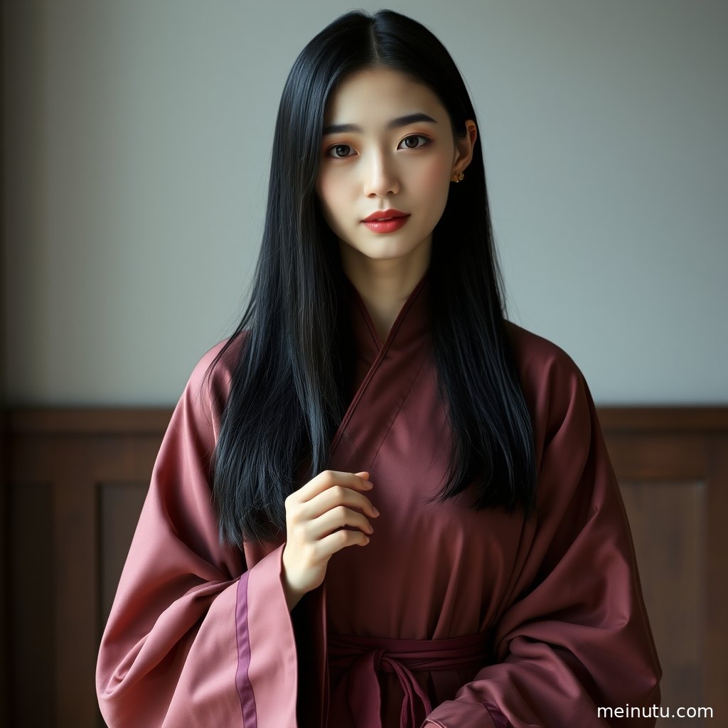 By the sea at sunset, a Hanfu woman faces the light, her contemplative profile captured in a beautiful half-body shot.