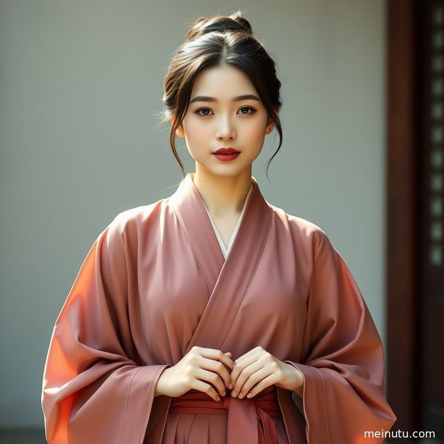 Adult Asian woman in ornate Hanfu, exquisite profile in soft indoor light, gentle gaze.
