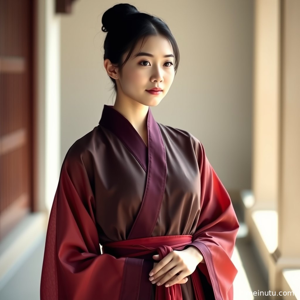 Soft backlight outlines the half-body portrait of a Hanfu woman, hair and robes exuding a hazy beauty.