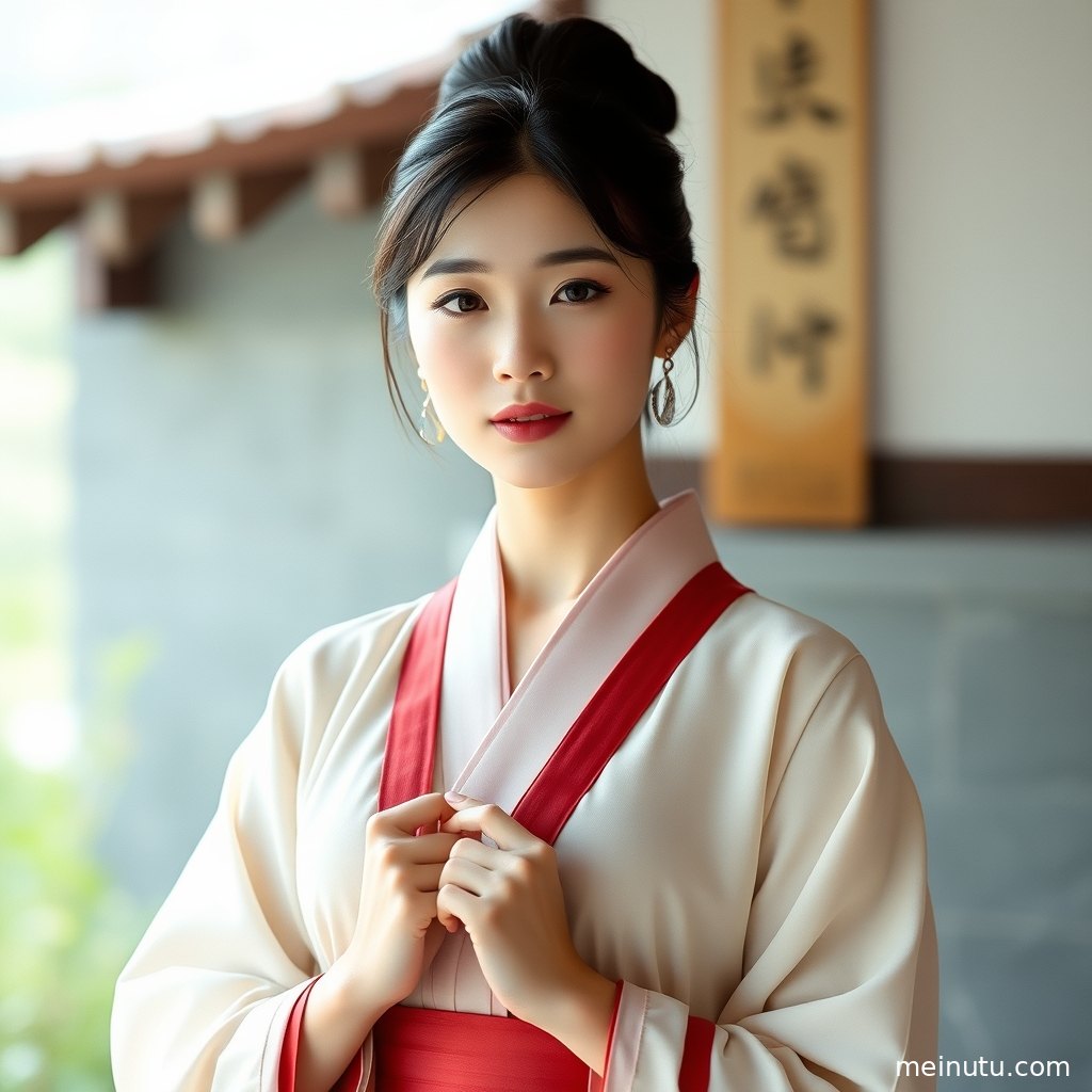 Close-up shot of a Hanfu woman's face, details and makeup enhanced by soft light, showcasing classic Asian beauty.