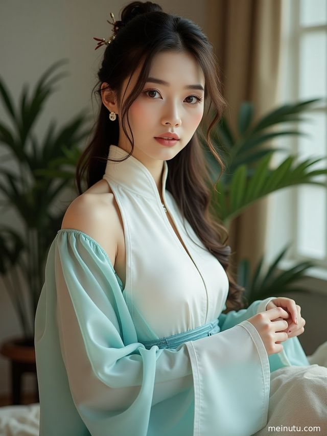 一位年轻成年女性身着精致汉服，在海边逆光下回眸，发丝随风飞舞，充满诗意。