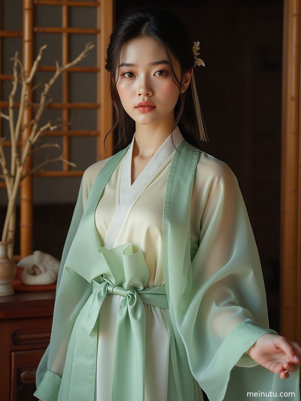 低角度拍摄，年轻成年女子身披汉服，在海边夕阳余晖下，身影被柔和逆光笼罩，如梦似幻。