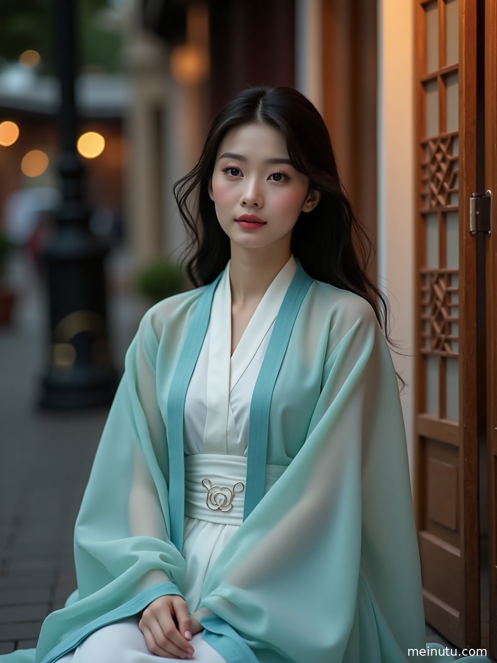 海浪轻拍沙滩，年轻成年女性身着古风汉服，面朝大海，逆光勾勒出温柔的剪影，意境深远。