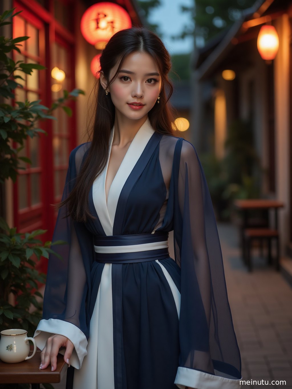 特写镜头下，年轻成年女性的汉服细节在柔和逆光中更加突出，展现出复古而典雅的美感。