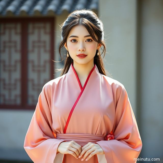 Adult woman in a stunning traditional Chinese Hanfu posing full-body under soft indoor light.