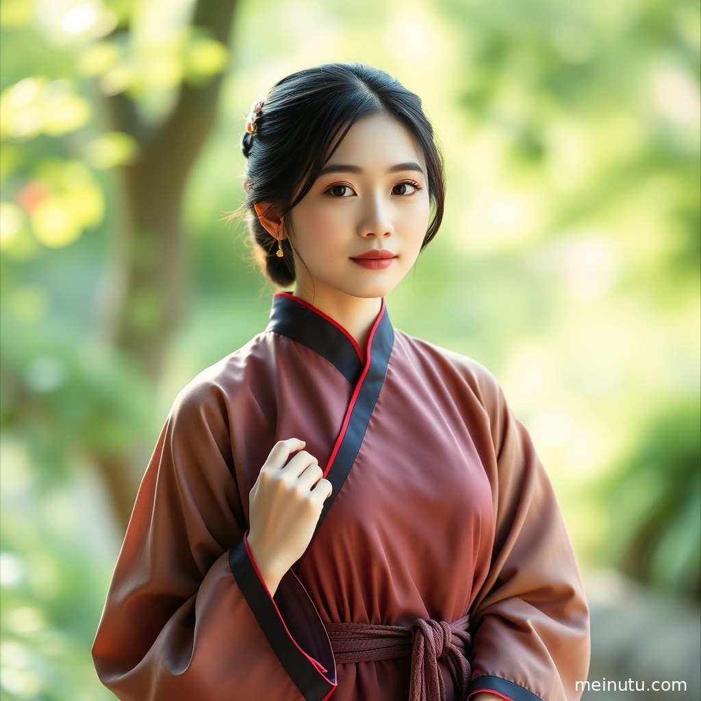 Gentle backlight outlines the silhouette of the Hanfu, as an adult woman gazes back amidst light and shadow.
