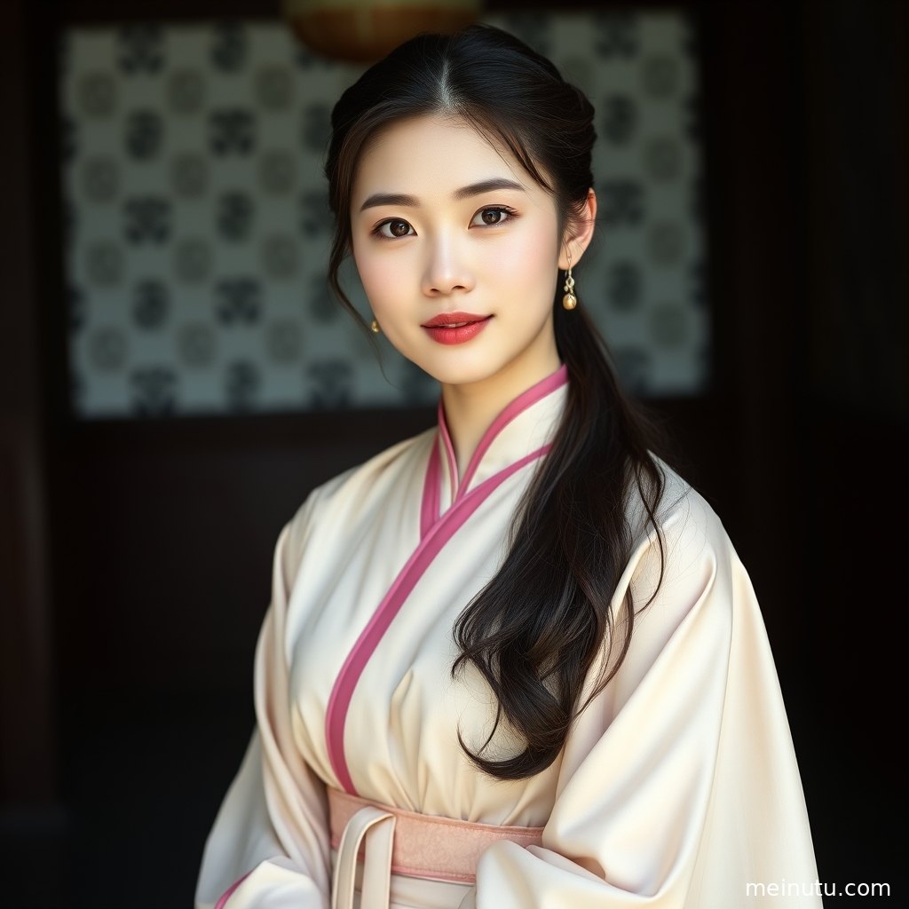 Full body composition of Hanfu attire, showcasing the garment's flow and an elegant indoor setting.