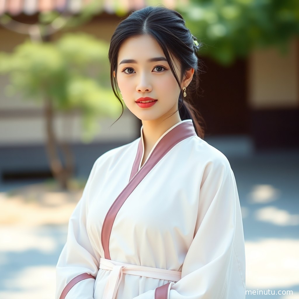 Close-up of Hanfu details under soft indoor light, capturing the adult woman's gentle temperament and the costume's intricacies.