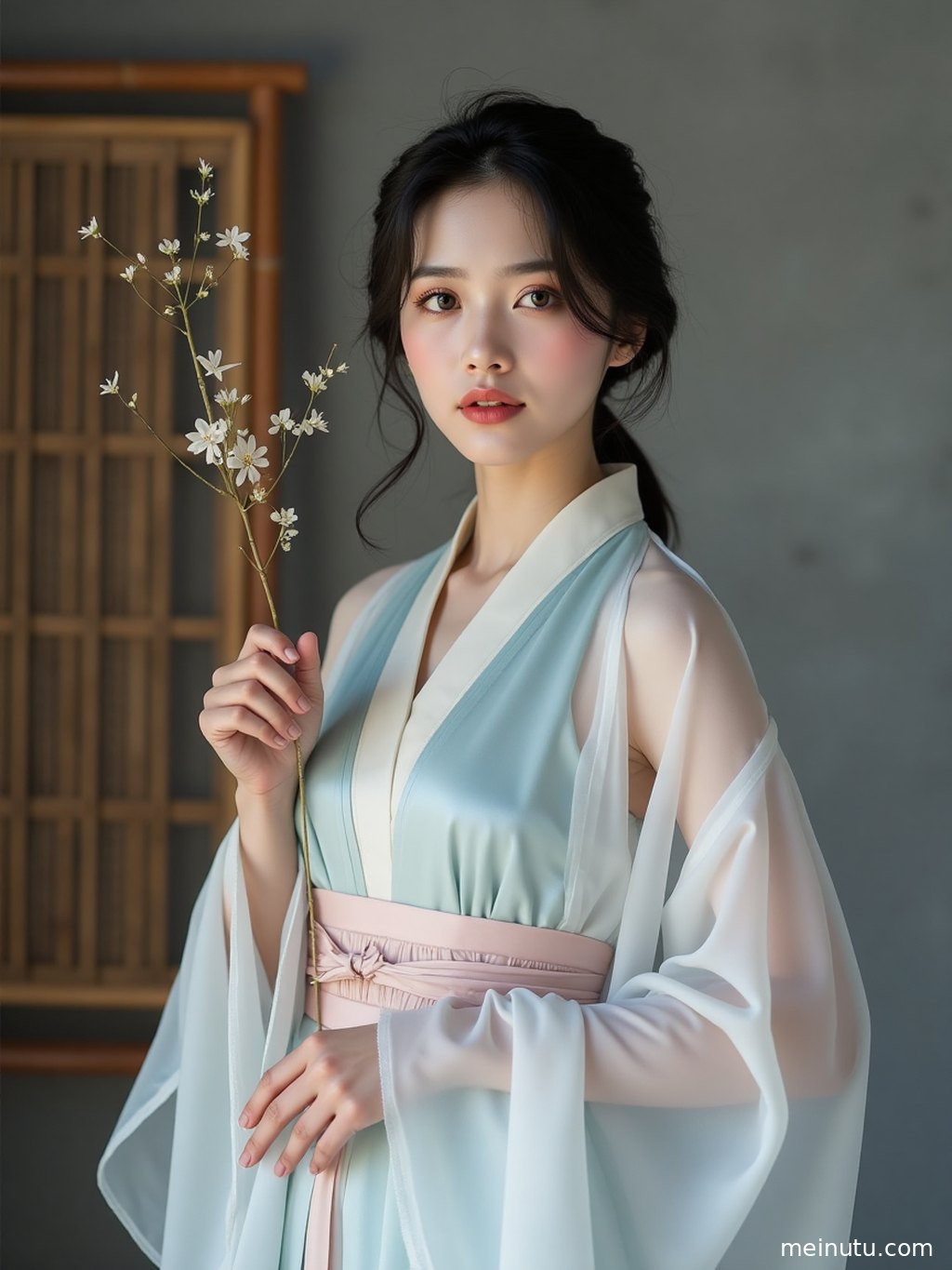 身着国风汉服的成年女子在古典花园中，清透高光下气质优雅。