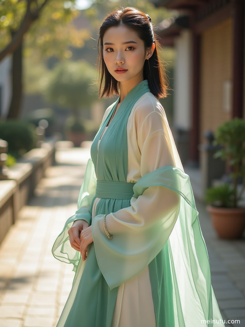 汉服写真特写，展现精美细节与成年女性的东方韵味。