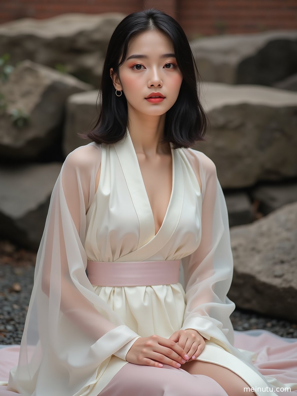 国风汉服图集，构图巧妙，突出成年女性的古典美与花园的宁静。