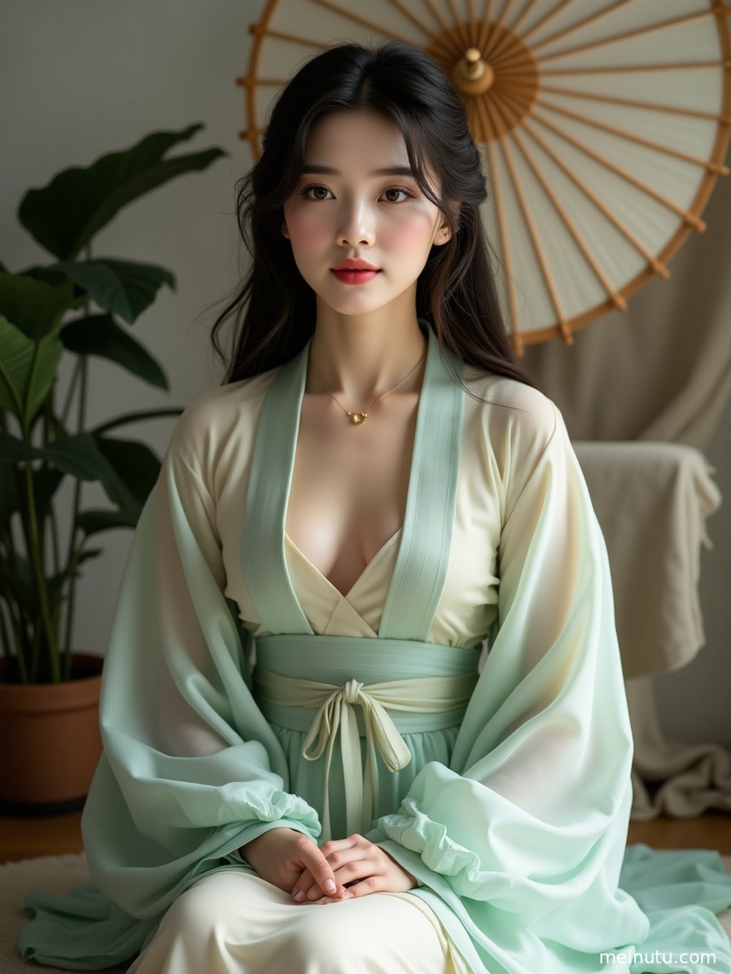 庭院一角，明制汉服女子的背影在柔和的逆光下被勾勒出迷人的轮廓，意境深远。