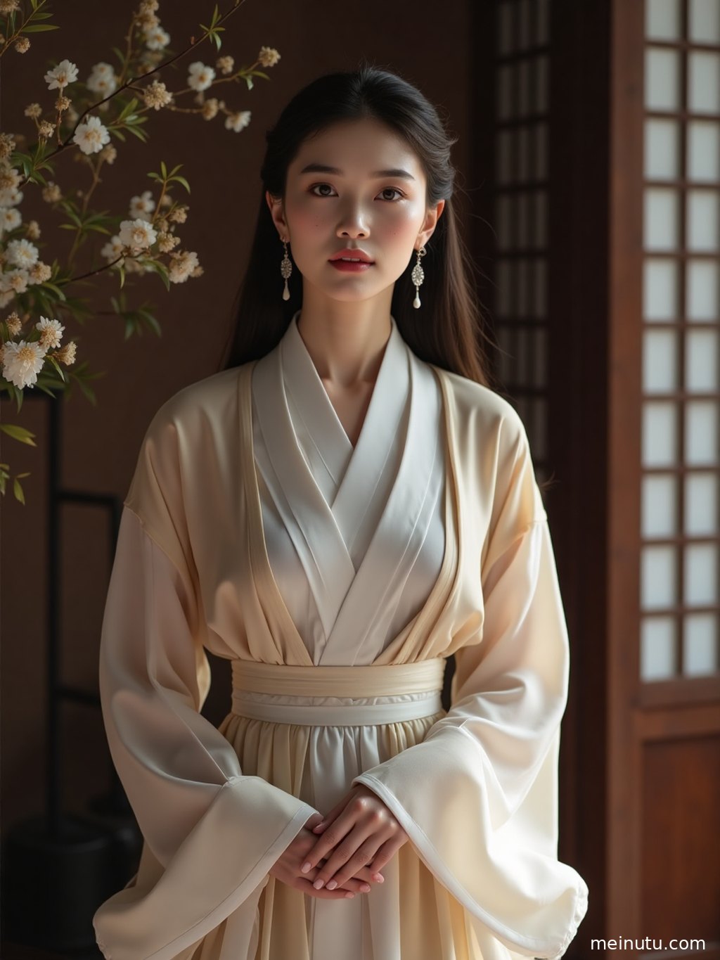 特写镜头展现明制汉服女子的精致妆容与发髻，逆光勾勒出脸部轮廓，充满古典美。