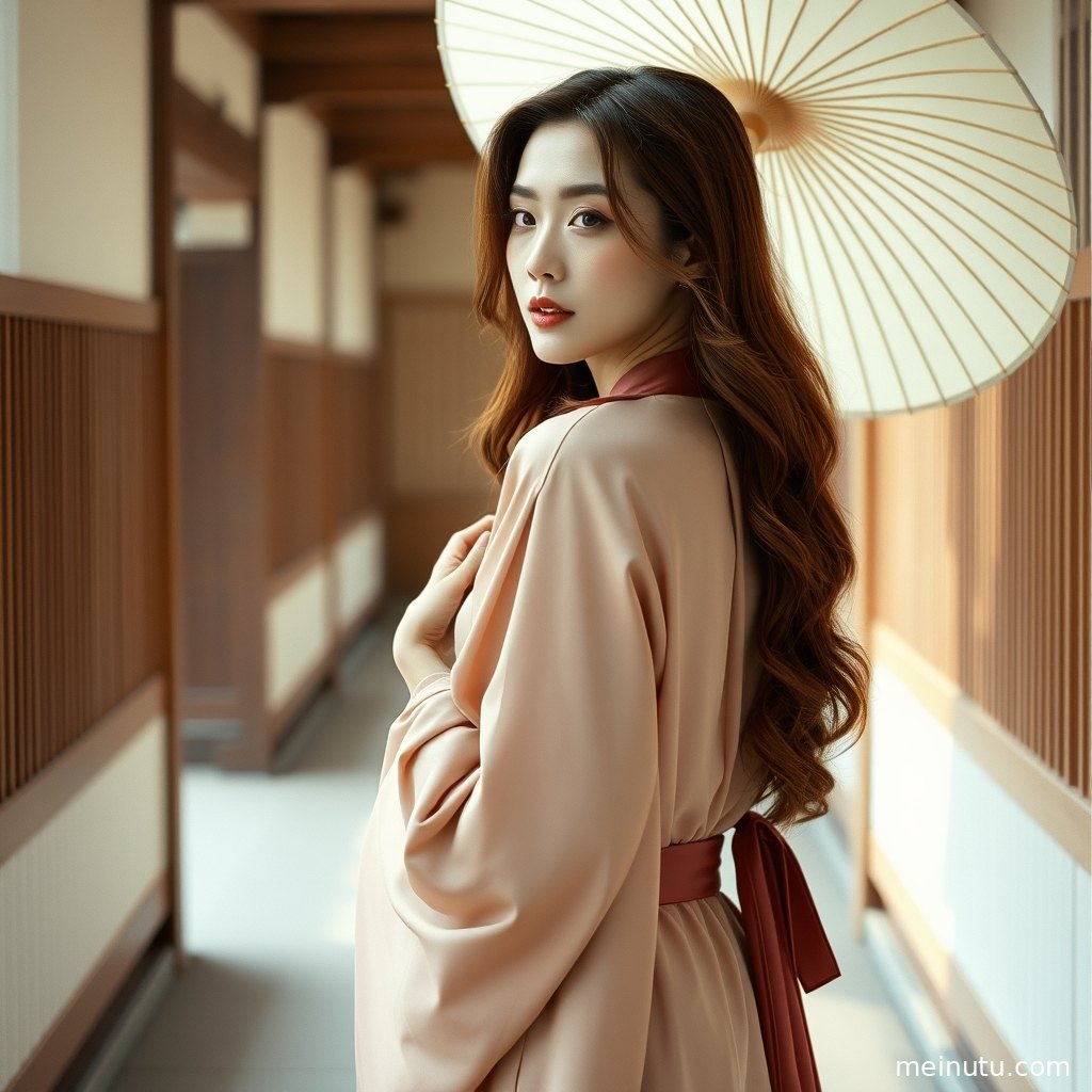 成年女子身着宋制汉服，倚靠在古朴窗边，光影交错间尽显典雅。