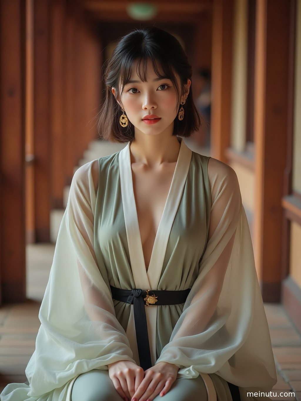 花园一角，光线透过树叶洒在身着汉服的成年女子身上，形成电影般的柔和光影。