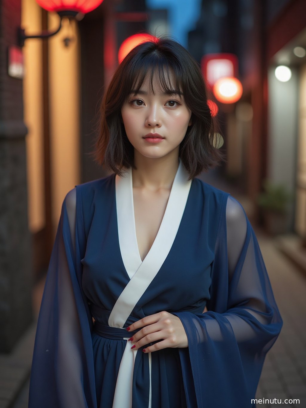 年轻成年女性侧颜特写，汉服明制发髻精致，眼神宁静，与花园景致融为一体。
