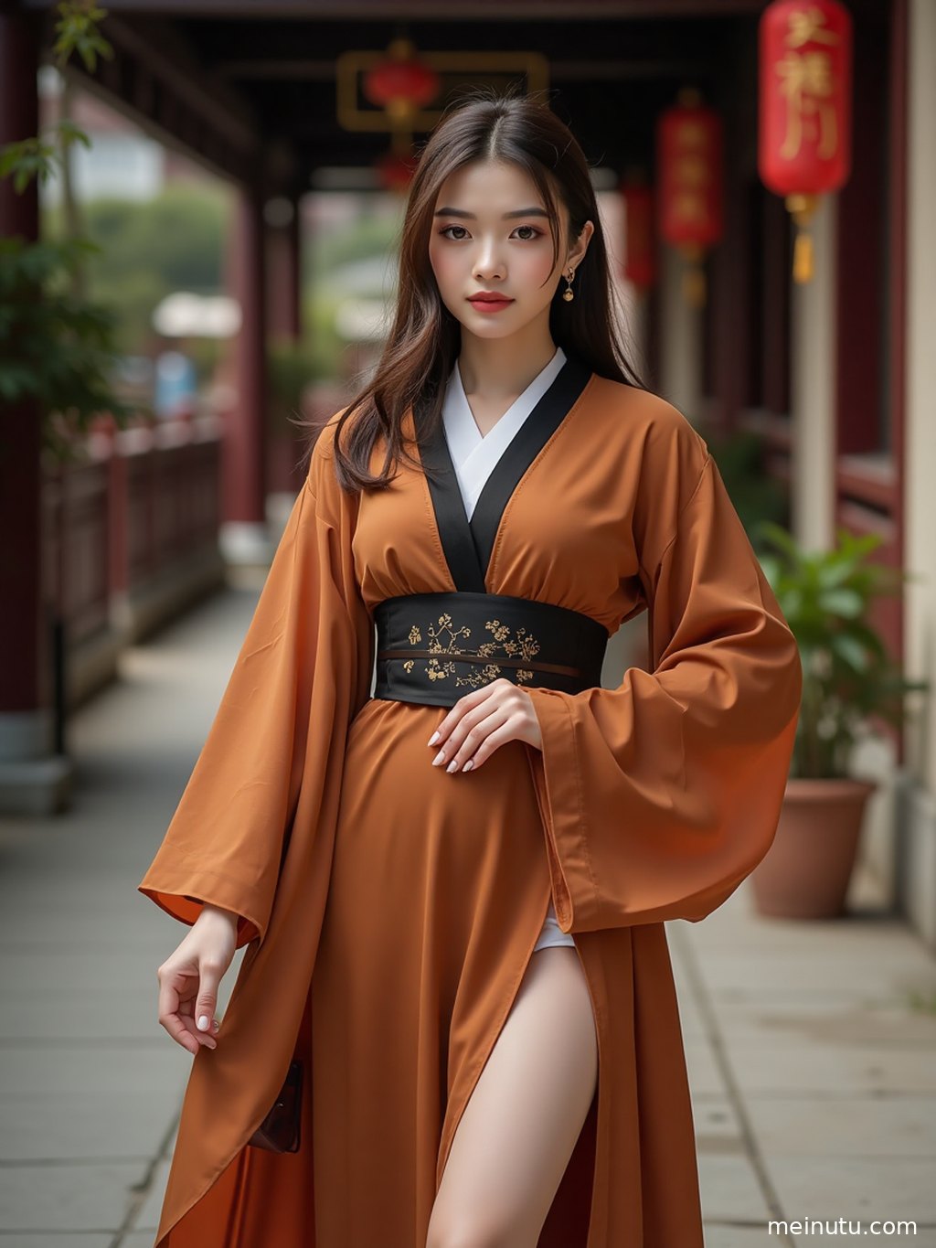 身着汉服宋制的年轻成年女性，在复古走廊中沐浴清透高光，气质温婉。
