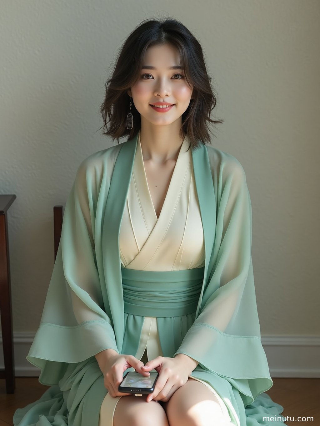 汉服宋制写真，模特站在复古走廊一侧，光影勾勒出迷人轮廓。