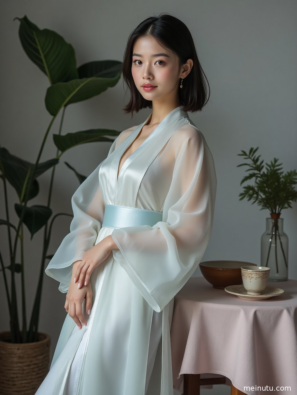 全身展现汉服宋制服饰细节，背景为古韵十足的复古走廊，画面清新。