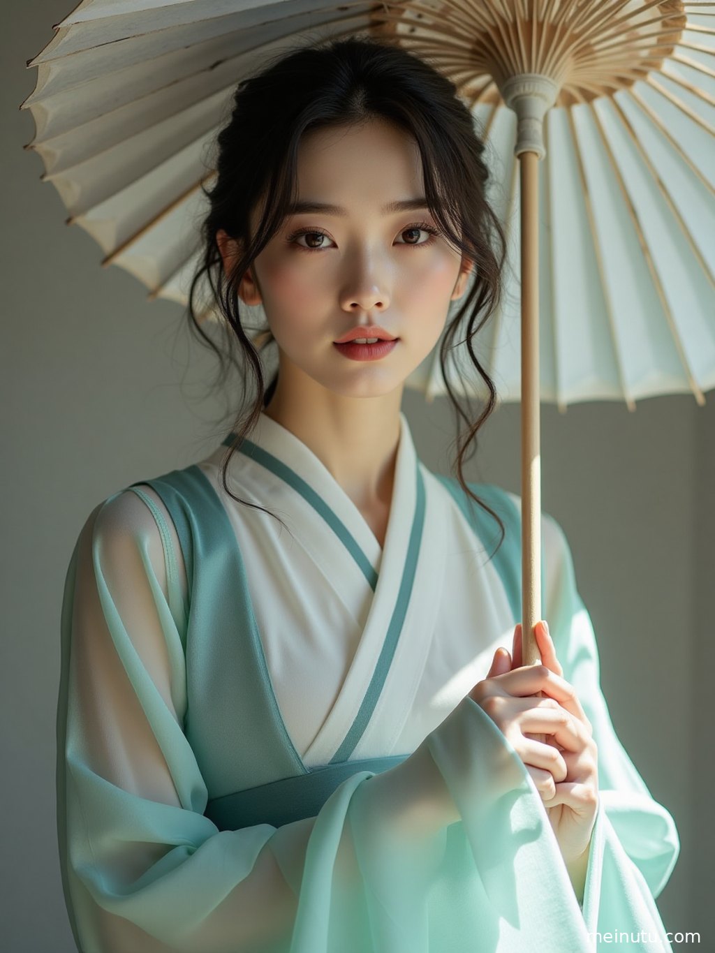 聚焦汉服宋制细节与模特的甜美笑容，利用三分法构图营造视觉焦点。