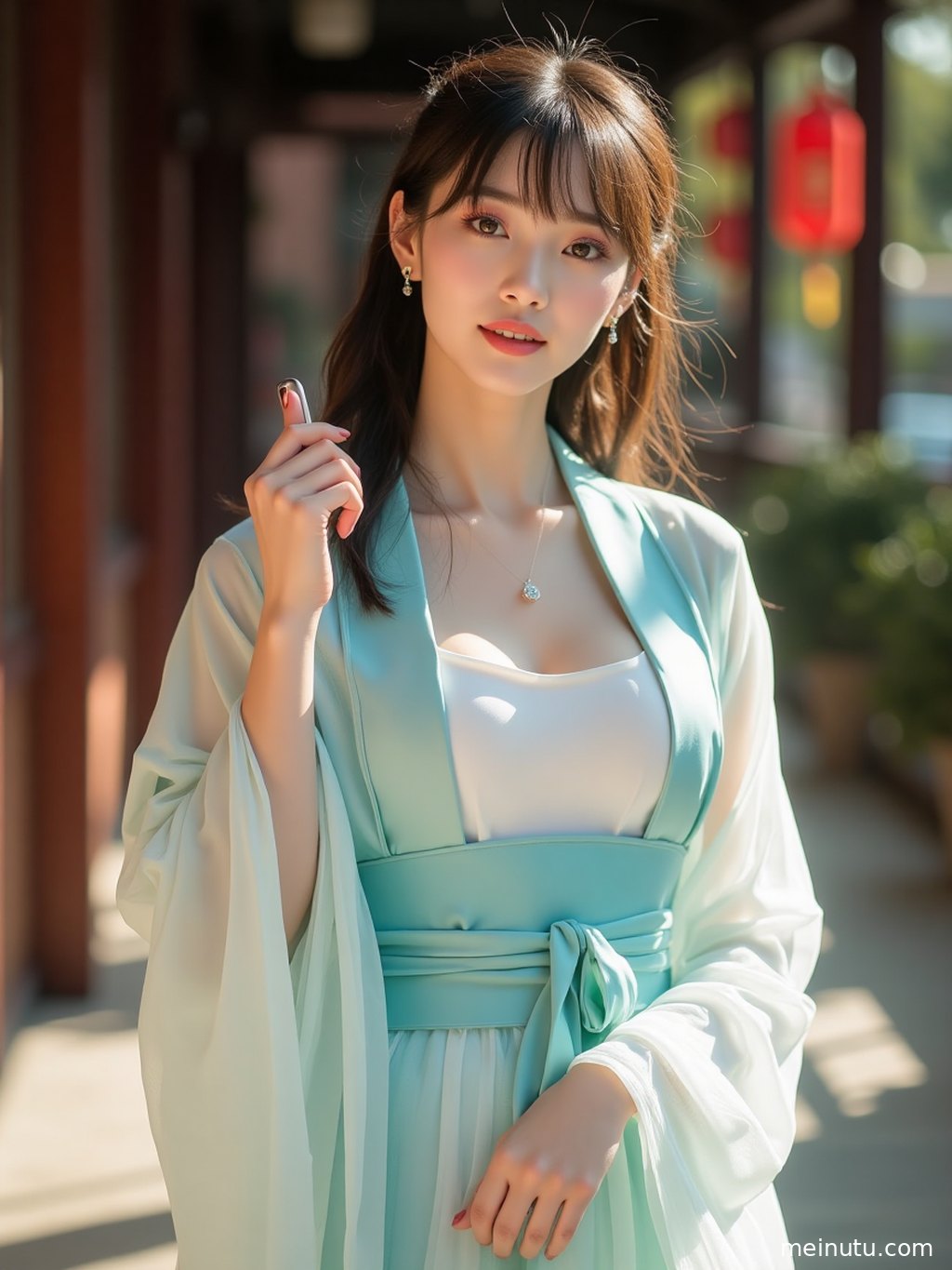 特写唐制汉服的精美织锦与盘扣，细节处尽显东方古典工艺。