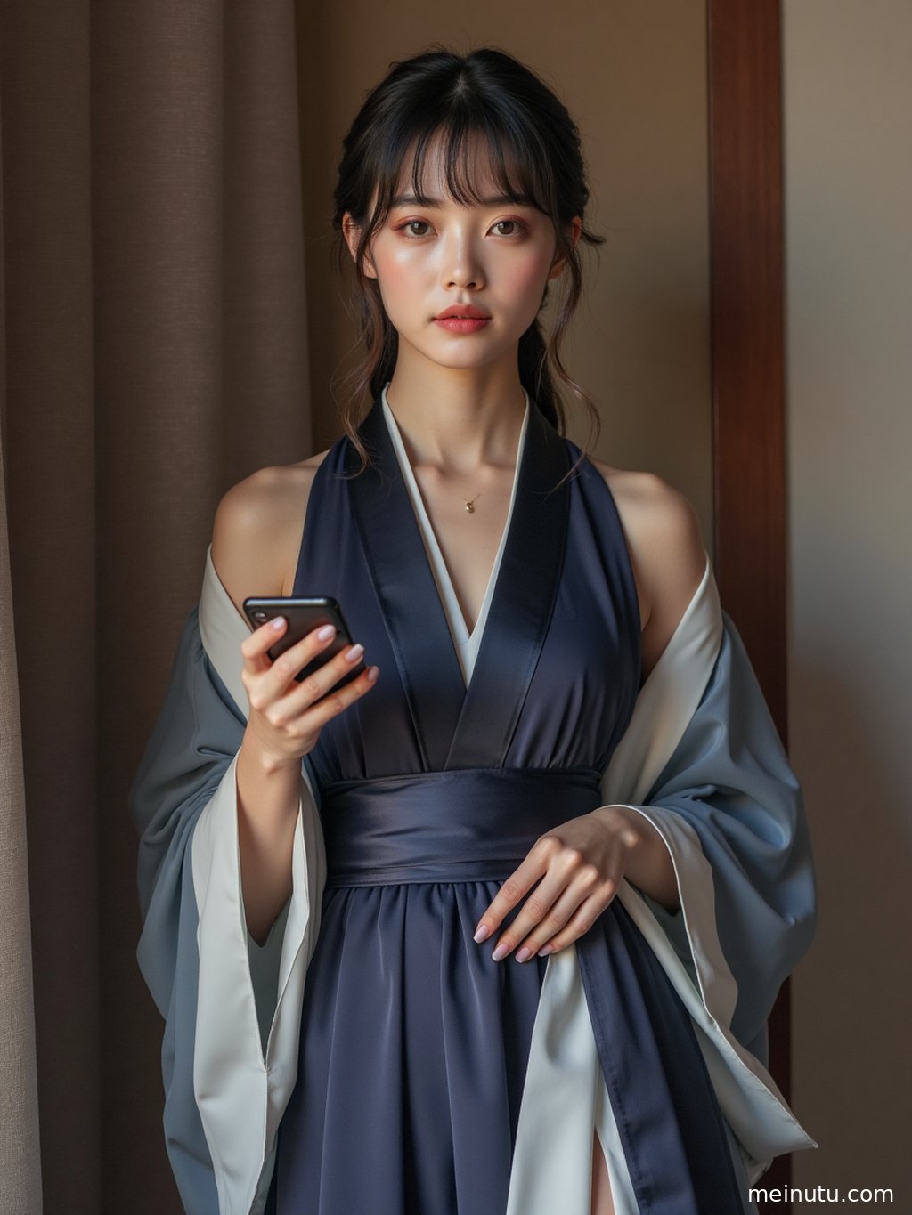 自然光勾勒出唐制汉服的垂坠感与身姿的柔美曲线，清新脱俗。