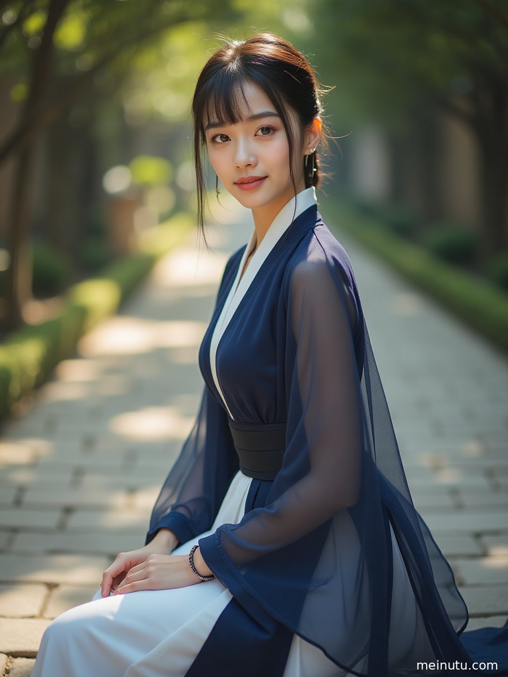 身着唐制汉服的年轻成年女性在极简影棚中，沐浴自然光，气质温婉。