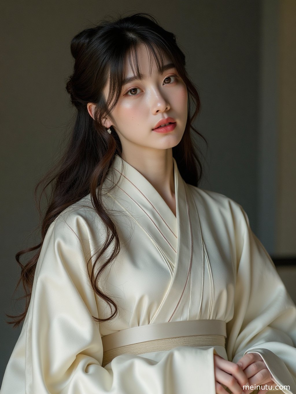 Adult woman in a magnificent Tang-style Hanfu, looking back in a palace courtyard, exuding noble elegance.